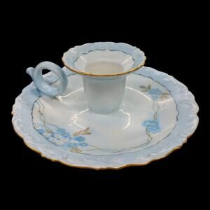 Antique Limoges Chamberstick Candle Holder Tressemann & Vogt Blue Forget Me Not